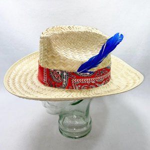 Blue Feather Tan Straw Hand Crafted 